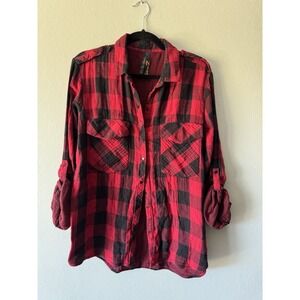 Red‎ Flannel Snap Long Sleeved Shirt With Quilted Accents Size Large